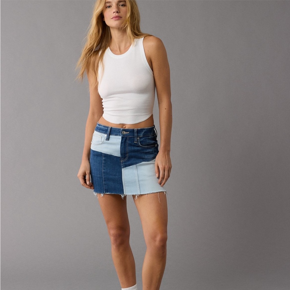 AE Stretch High Waisted Patchwork Denim Mini Skirt